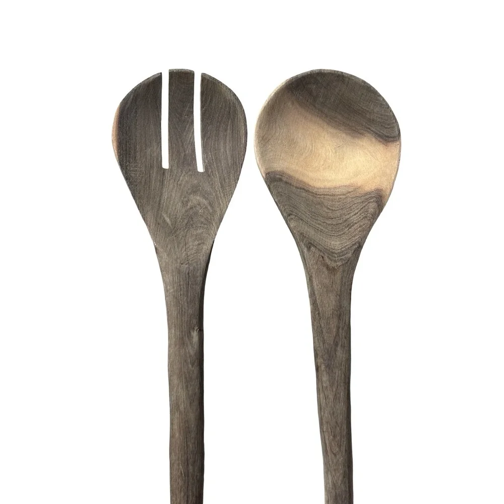 Hand Carved Wooden Salad Servers Bone Inlay Batik Handle‎ Dark Wood 12 Inch Set